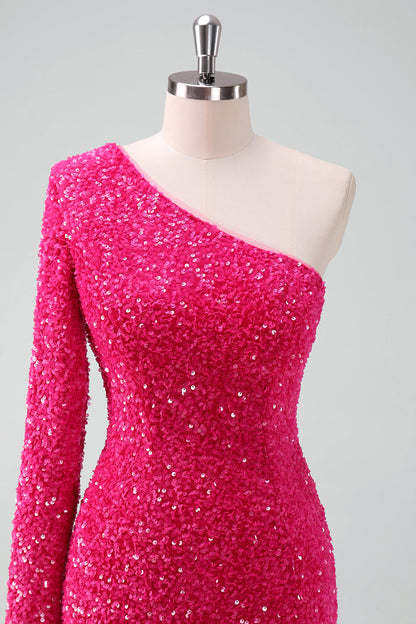 Sparkly Fuchsia One Shoulder Sequin Tight Short Homecoming Dress with Fringe