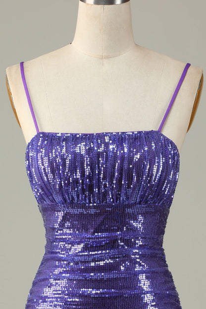 Sparkly Purple Sequins Spaghetti Straps Tight Short Homecoming Dress