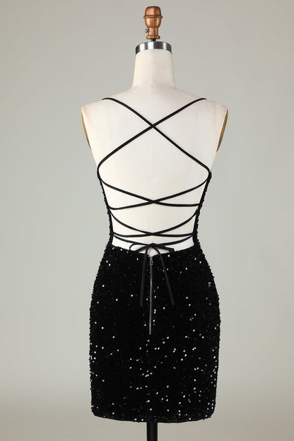 Black Spaghetti Straps Sequin Homecoming Dress With Criss Cross Back