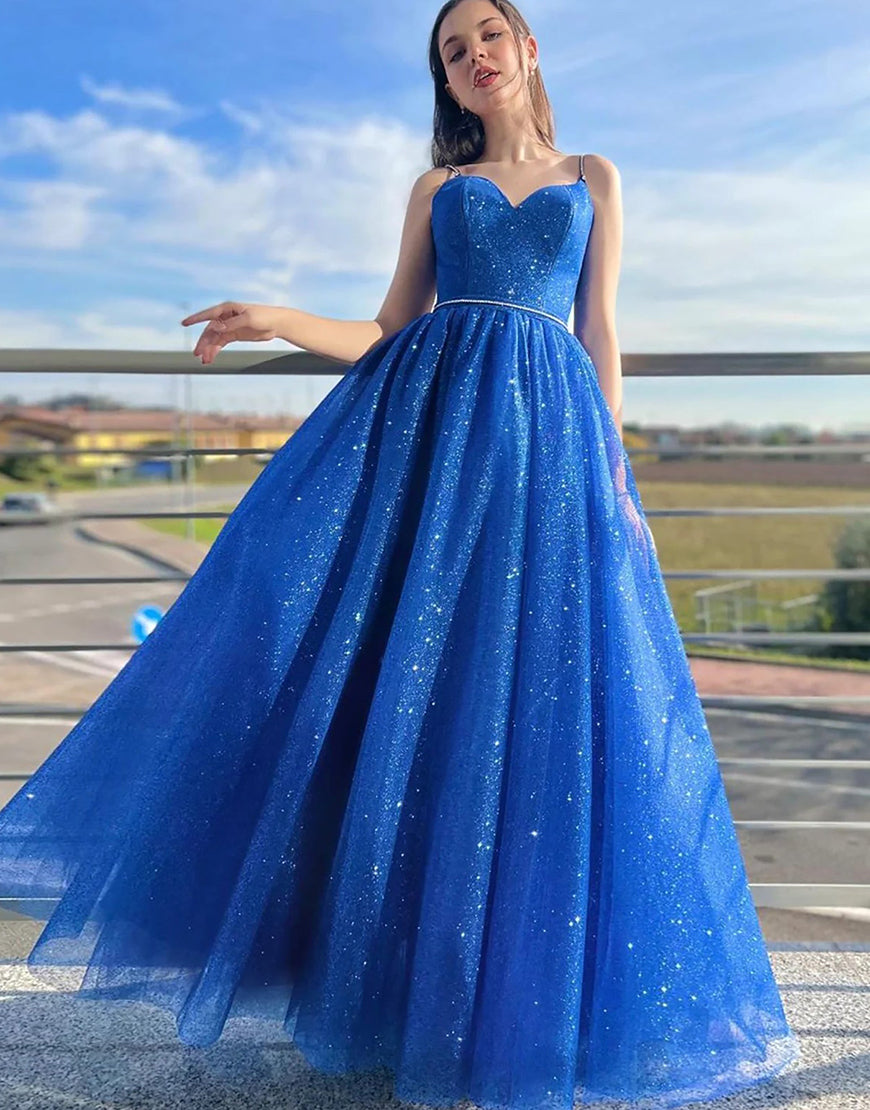 Tracy | Royal Blue Sparkly A Line Spaghetti Straps Long Prom Dress