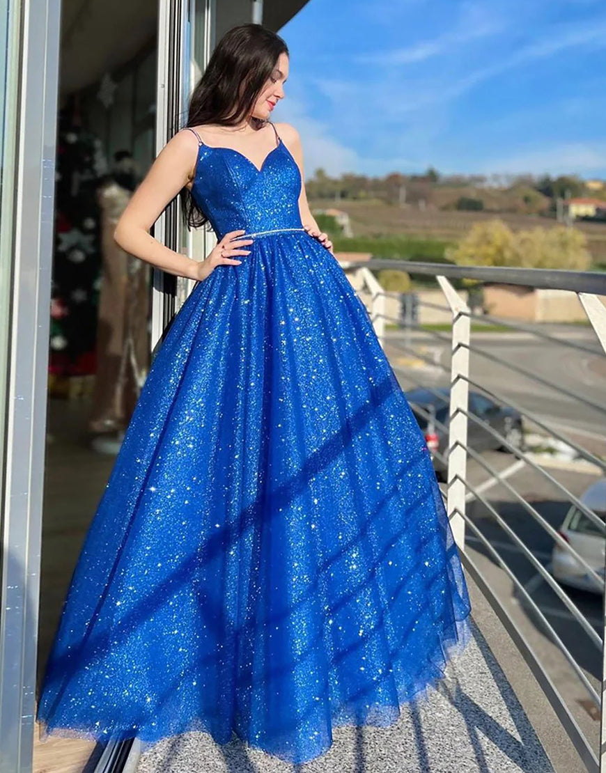 Tracy | Royal Blue Sparkly A Line Spaghetti Straps Long Prom Dress