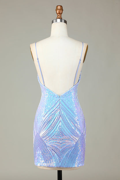 Sparkly Sheath Spaghetti Straps Blue Sequins Short Homecoming Dress with Backless