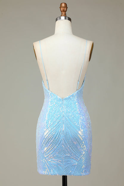 Sparkly Sheath Spaghetti Straps Blue Sequins Short Homecoming Dress with Backless