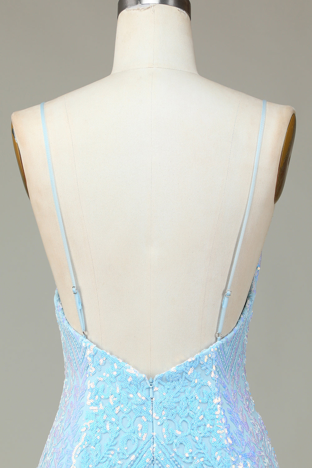 Sparkly Sheath Spaghetti Straps Blue Sequins Short Homecoming Dress with Backless