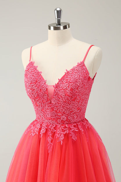 Cute Hot Pink A Line Spaghetti Straps Short Homecoming Dress with Appliques