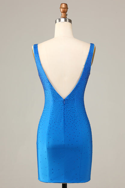 Sheath Deep V Neck Blue Short Homecoming Dress with Beading