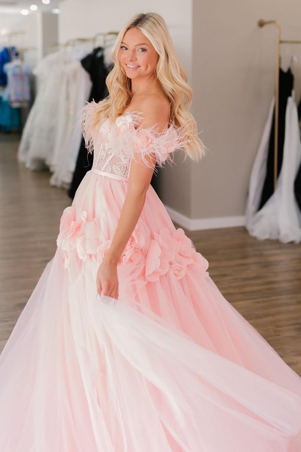 CALI |PRINCESS A-LINE OFF THE SHOULDER LACE TULLE PROM DRESS