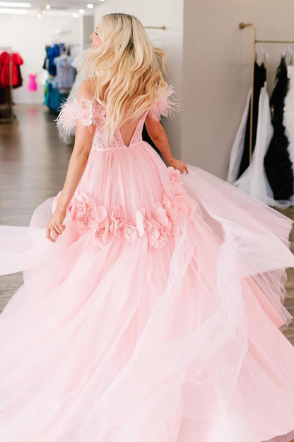 CALI |PRINCESS A-LINE OFF THE SHOULDER LACE TULLE PROM DRESS