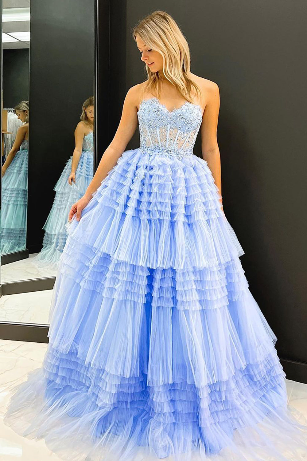 Gracie | A Line Sweetheart Tulle Long Prom Dress with Ruffles