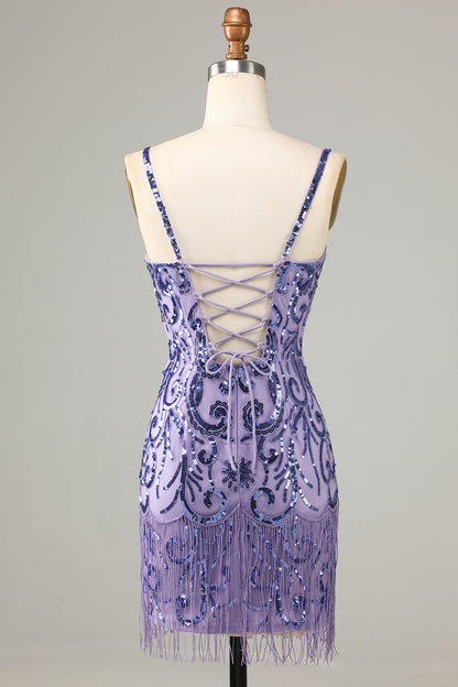 Sparkly Purple Sequins Spaghetti Straps Short Homecoming Dress with Fringes