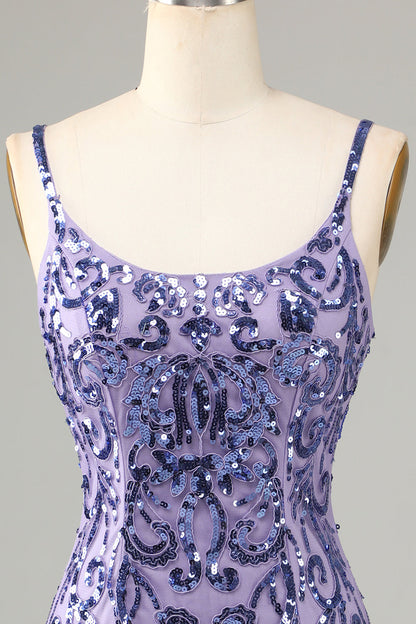 Sparkly Purple Sequins Spaghetti Straps Short Homecoming Dress with Fringes