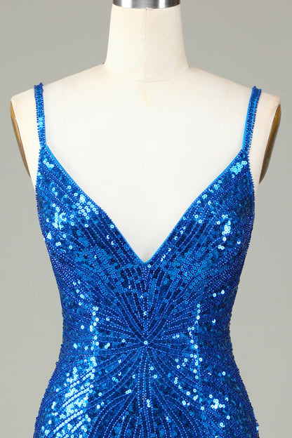 Sparkly Bodycon Spaghetti Straps Blue Sequins Short Homecoming Dress with Tassel