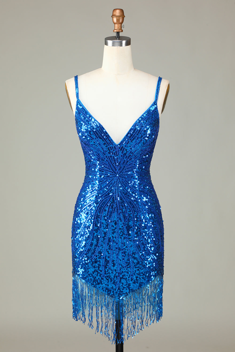 Sparkly Bodycon Spaghetti Straps Blue Lace-Up Back Short Homecoming Dress with Beading