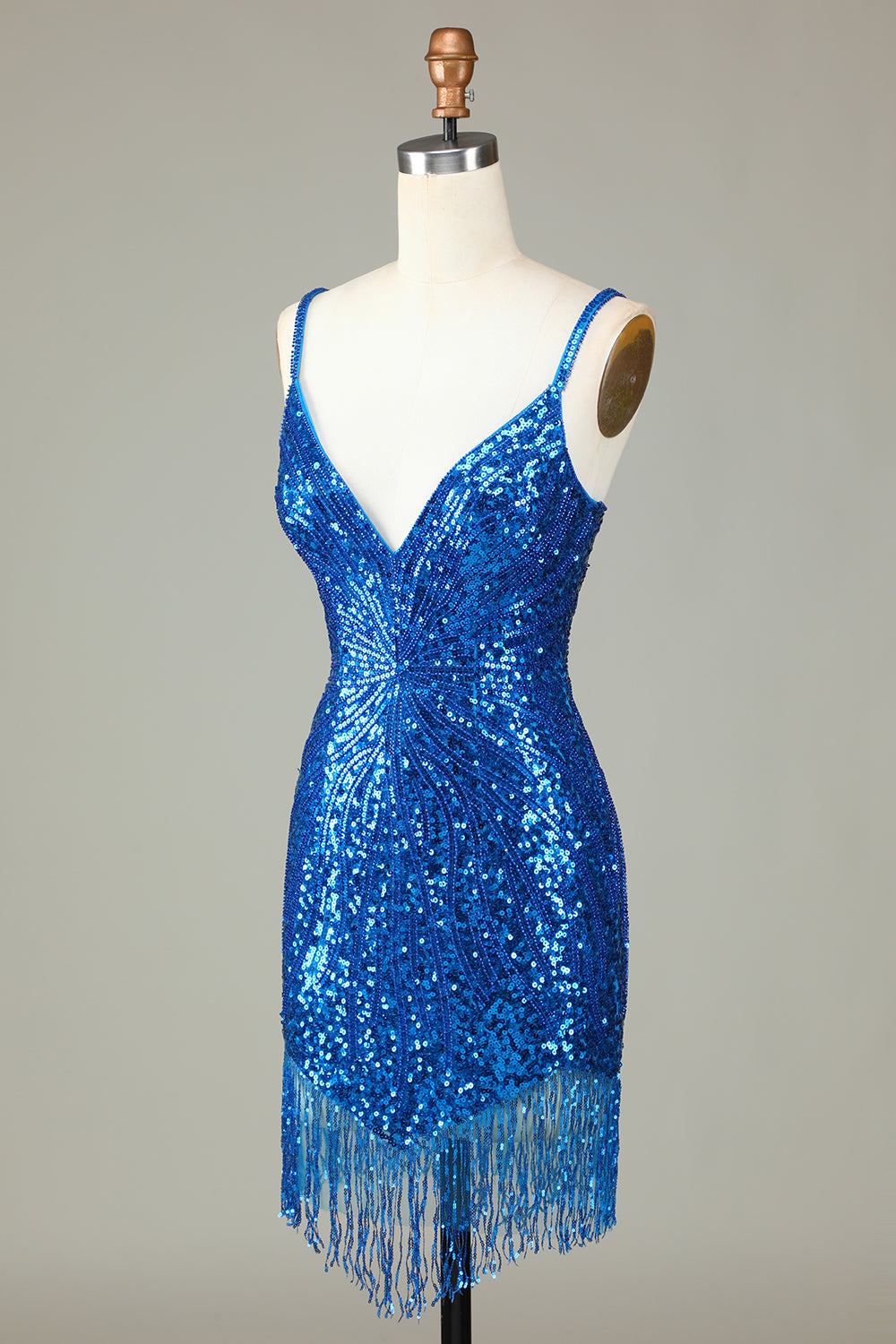 Sparkly Bodycon Spaghetti Straps Blue Lace-Up Back Short Homecoming Dress with Beading