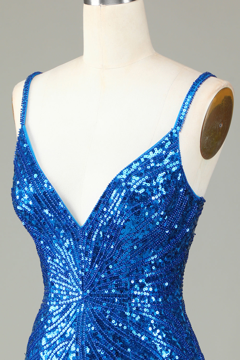 Sparkly Bodycon Spaghetti Straps Blue Lace-Up Back Short Homecoming Dress with Beading