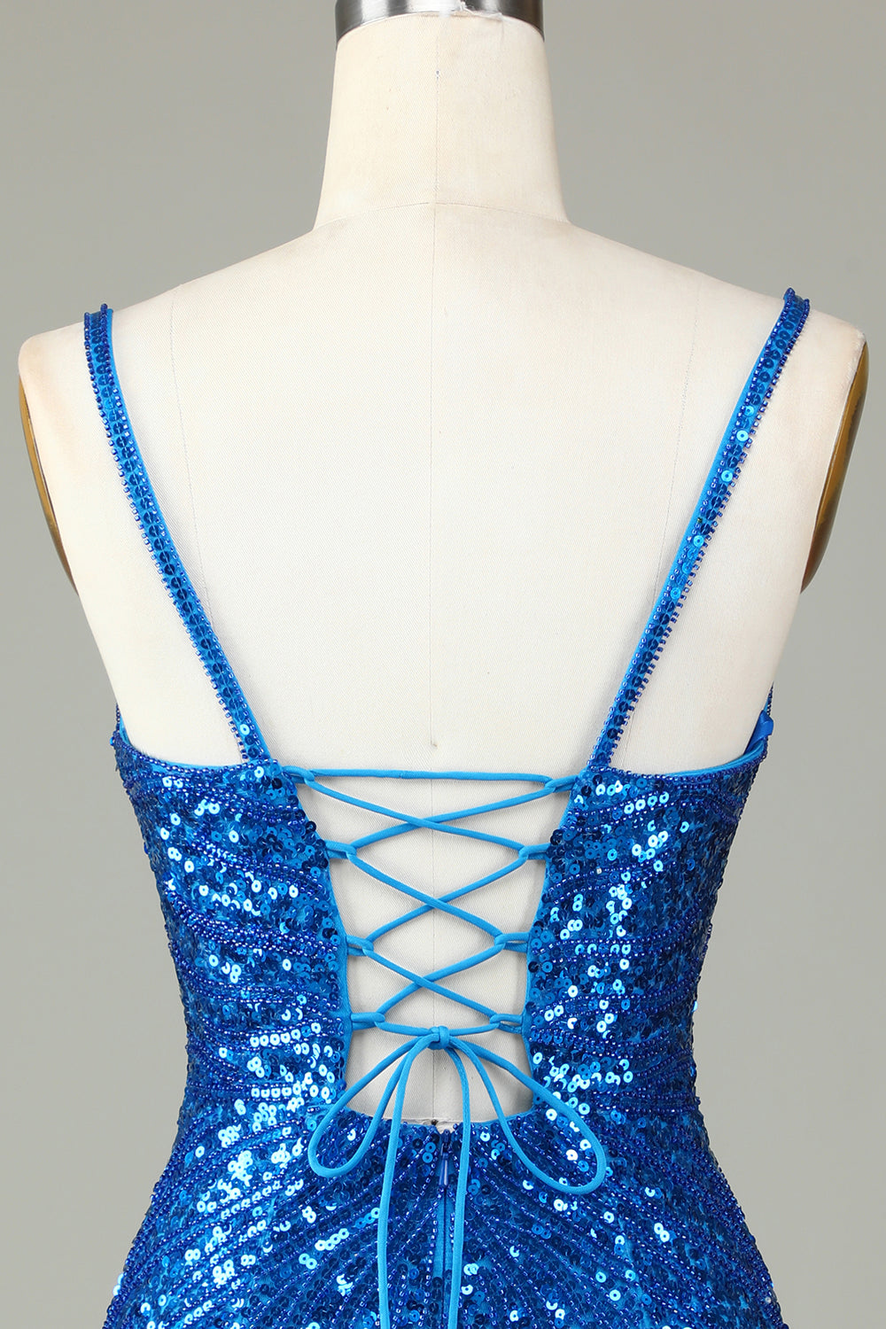 Sparkly Bodycon Spaghetti Straps Blue Lace-Up Back Short Homecoming Dress with Beading