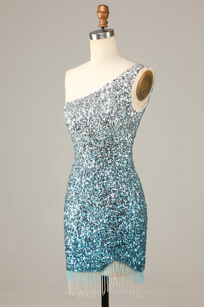 Sparkly Bodycon One Shoulder Blue Sequins Short Homecoming Dress with Tassel