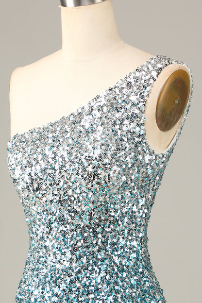 Sparkly Bodycon One Shoulder Blue Sequins Short Homecoming Dress with Tassel