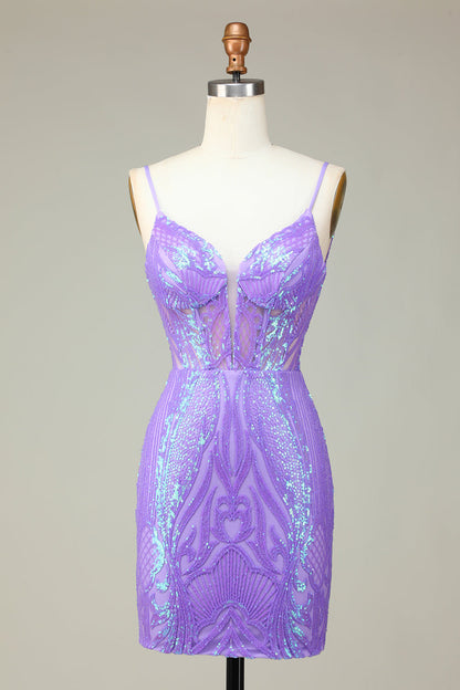 Stylish Bodycon Spaghetti Straps Lilac Sequins Corset Homecoming Dress with Criss Cross Back