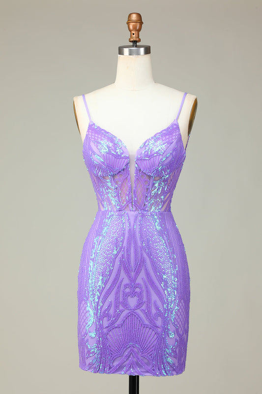 Stylish Bodycon Spaghetti Straps Lilac Sequins Corset Homecoming Dress with Criss Cross Back