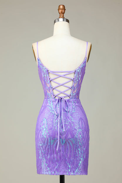 Stylish Bodycon Spaghetti Straps Lilac Sequins Corset Homecoming Dress with Criss Cross Back