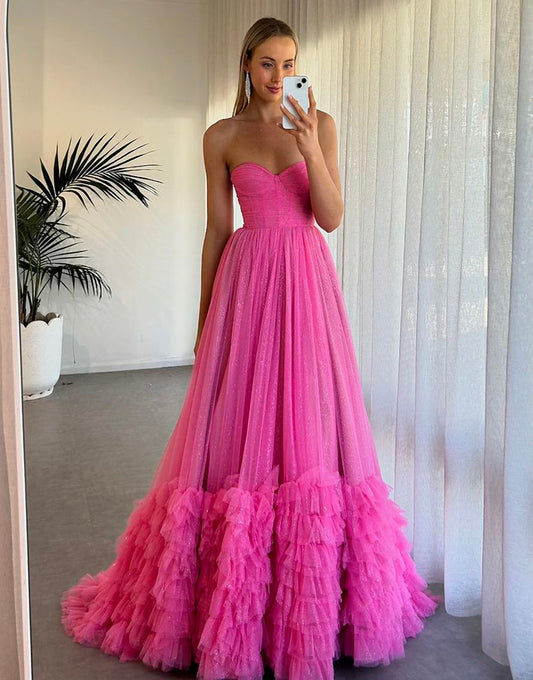 Rachael | Pink Sweetheart Tiered Tulle Long Prom Dresses