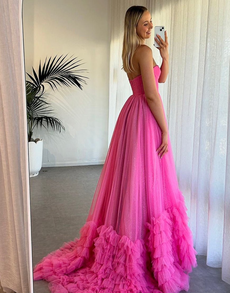 Rachael | Pink Sweetheart Tiered Tulle Long Prom Dresses