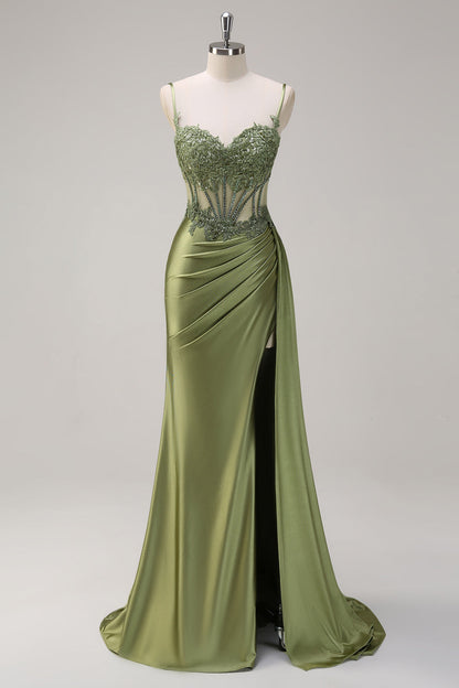 Green Mermaid Spaghetti Straps Pleated Long Corset Satin Prom Dress With Slit