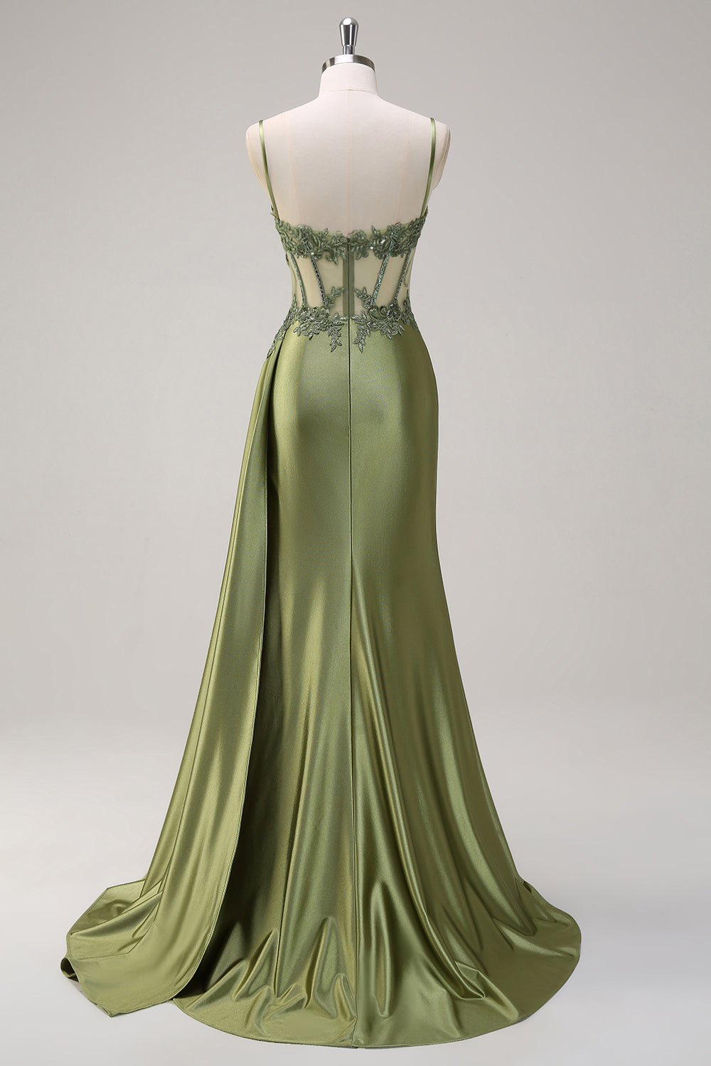 Green Mermaid Spaghetti Straps Pleated Long Corset Satin Prom Dress With Slit