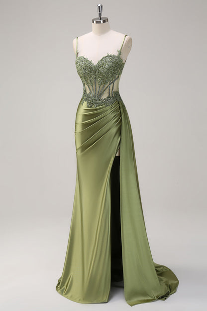 Green Mermaid Spaghetti Straps Pleated Long Corset Satin Prom Dress With Slit