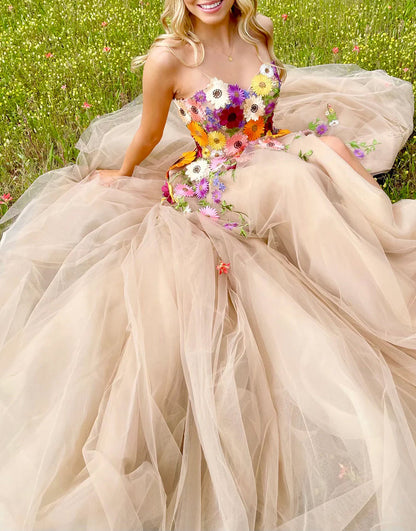 Adeline | Champagne A Line Sweetheart Flower Long Prom Dress With Appliques