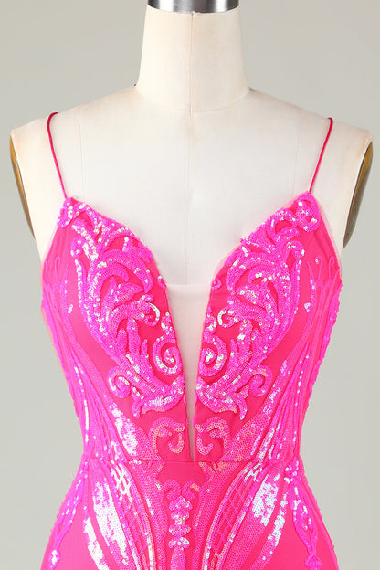 Trend Hot Pink Lace Up Tight Glitter Homecoming Dress