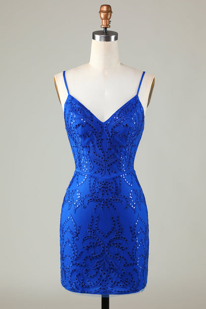 Sparkly Royal Blue Sequins Spaghetti Straps Tight Short Homecoming Dress