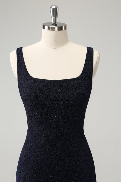 Sparkly Dark Blue Square Neck Bodycon Mini Homecoming Dress With Slit