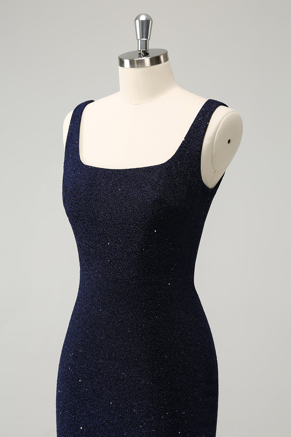 Sparkly Dark Blue Square Neck Bodycon Mini Homecoming Dress With Slit