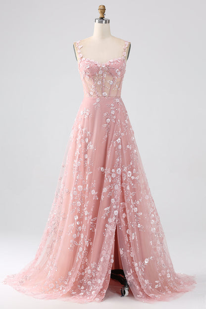 Sparkly Blush A Line Spaghetti Straps Sequin Corset Prom Dress With Slit