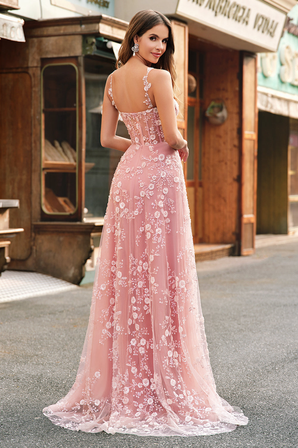 Sparkly Blush A Line Spaghetti Straps Sequin Corset Prom Dress With Slit