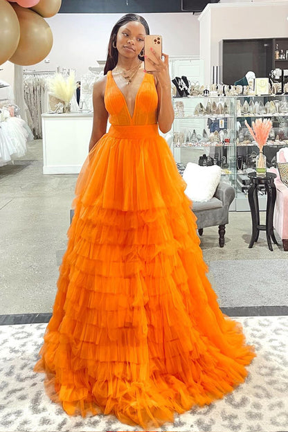 Reese |A-line Orange V-Neck Tulle Long Prom Dress