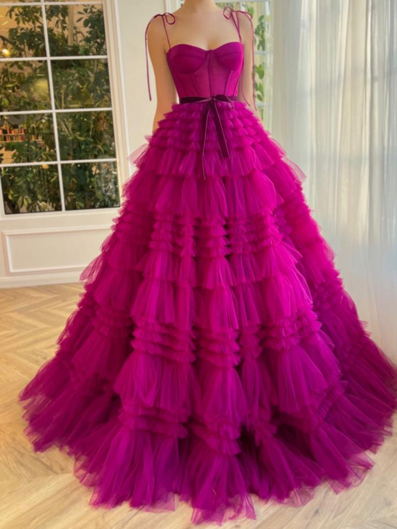 Blair |A Line Strapless Fuchsia Tiered Long Tulle Prom Dress