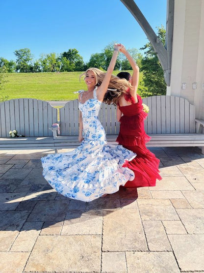 White Blue Floral A-Line Prom Dresses Long Evening Gown