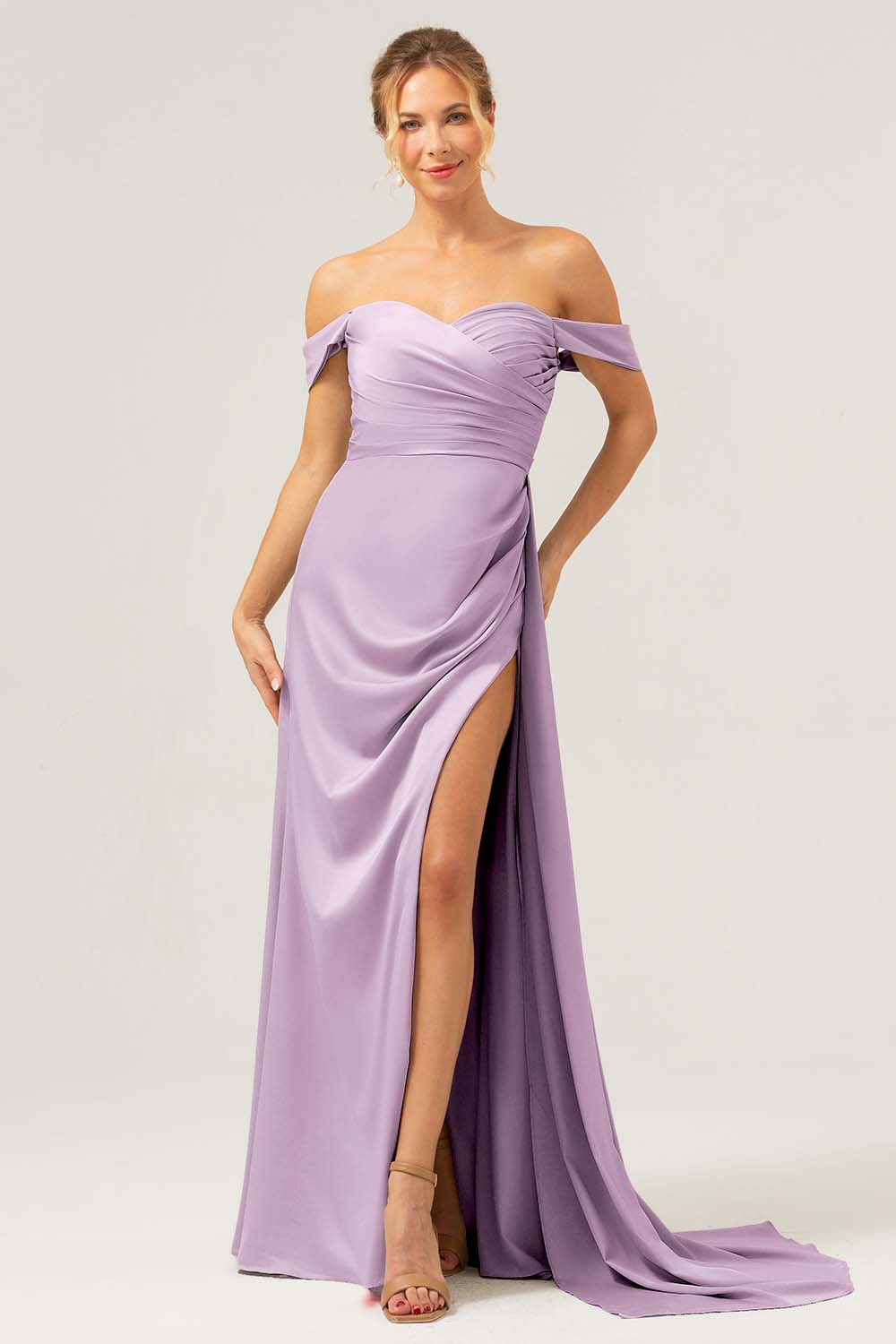 Sage Mermaid Off The Shoulder Pleated Satin Bridesmaid Dress with Slit