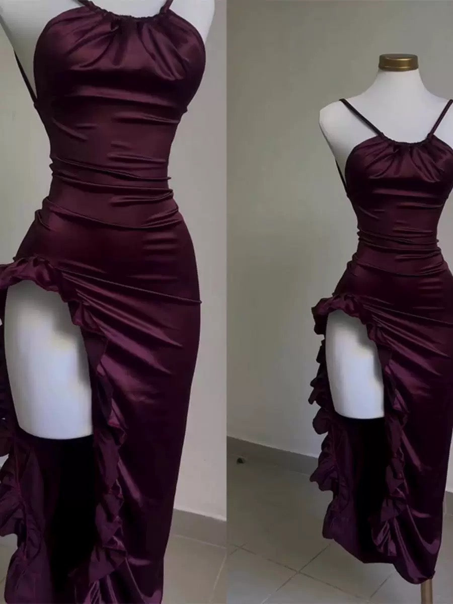 Vintage High Low Halter Burgundy Birthday Outfits Homecoming Dress C921