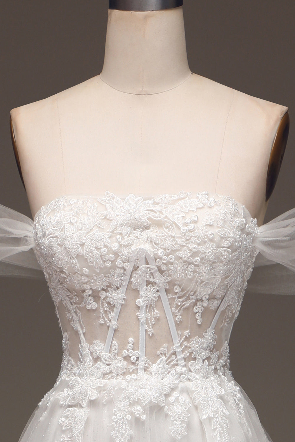 White Off the Shoulder A Line Corset Wedding Dress with Appliques