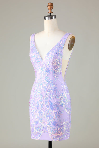 Lavender Sparkly Tight Homecoming Dress with Backless