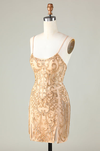 Spaghetti Straps Golden Tight Homecoming Dress with Beading