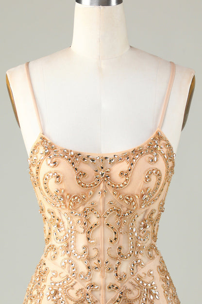 Spaghetti Straps Golden Tight Homecoming Dress with Beading