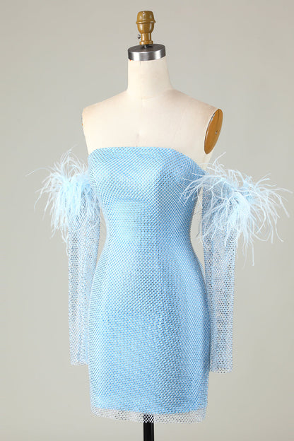 Detachable Sleeves Blue Tight Homecoming Dress with Feathers