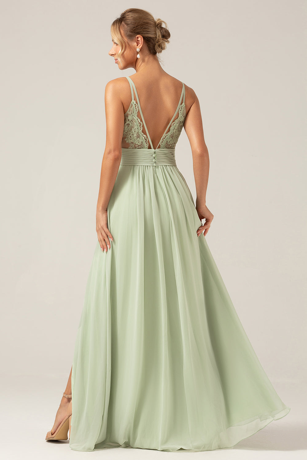 A-Line Pleated Chiffon Long Dusty Sage Bridesmaid Dress