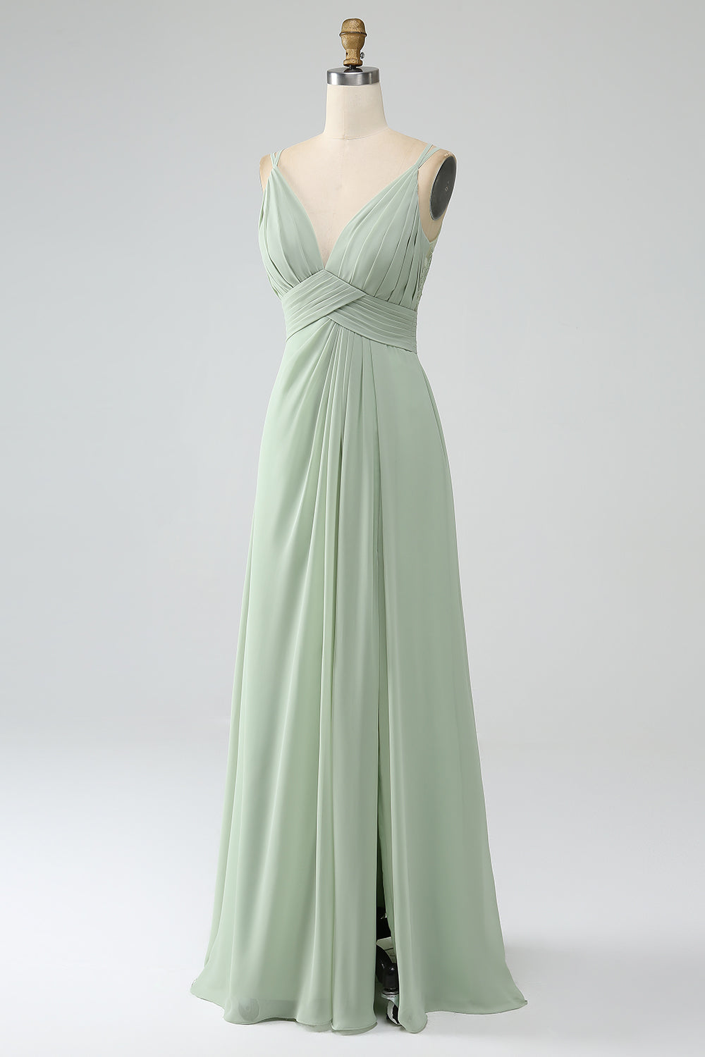 Dusty Sage A-Line Spaghetti Straps Pleated Chiffon Long Bridesmaid Dress