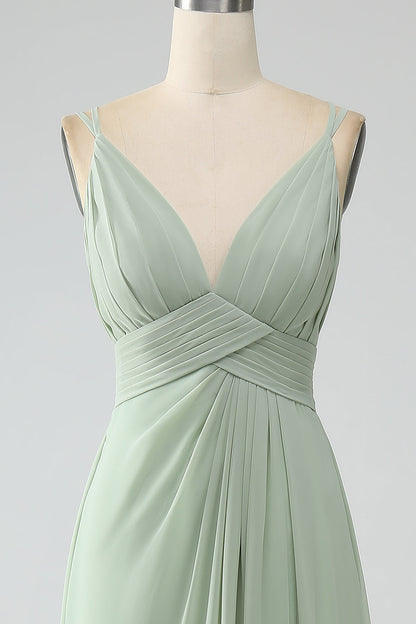 Dusty Sage A-Line Spaghetti Straps Pleated Chiffon Long Bridesmaid Dress